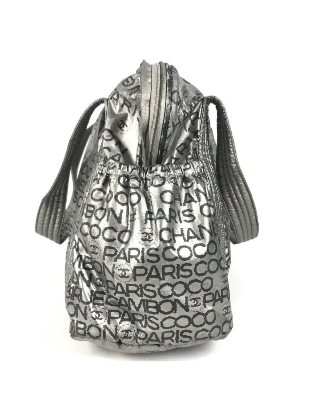 Chanel Boston Bag CC Logo Nylon Canvas Silver